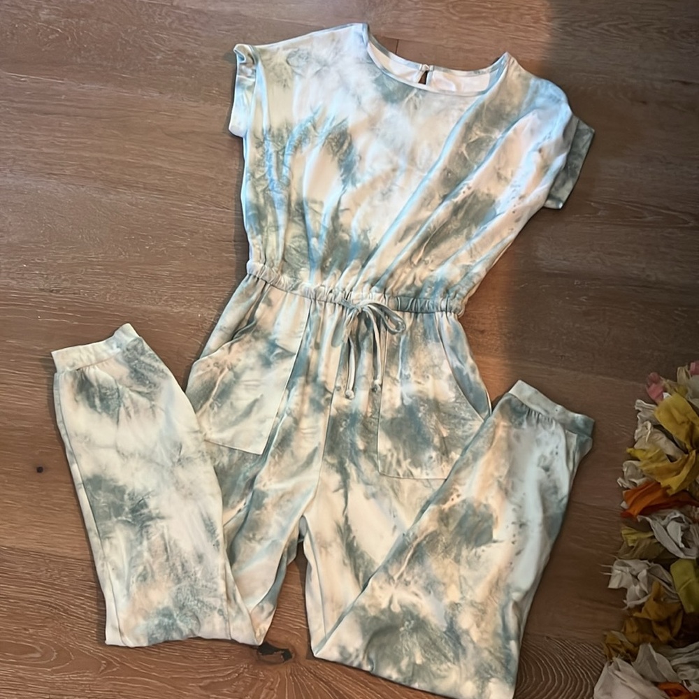 Green & Off-White Tie Dye Jumpsuit; Size Large